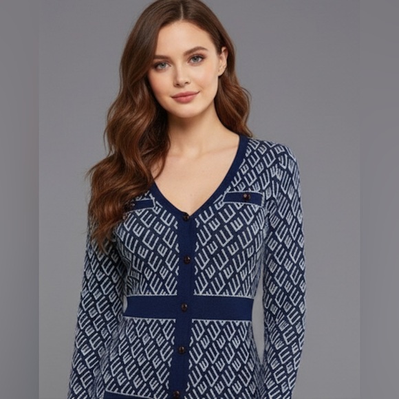 Button Front Pattern Sweater Dress Blue - Picture 2 of 7